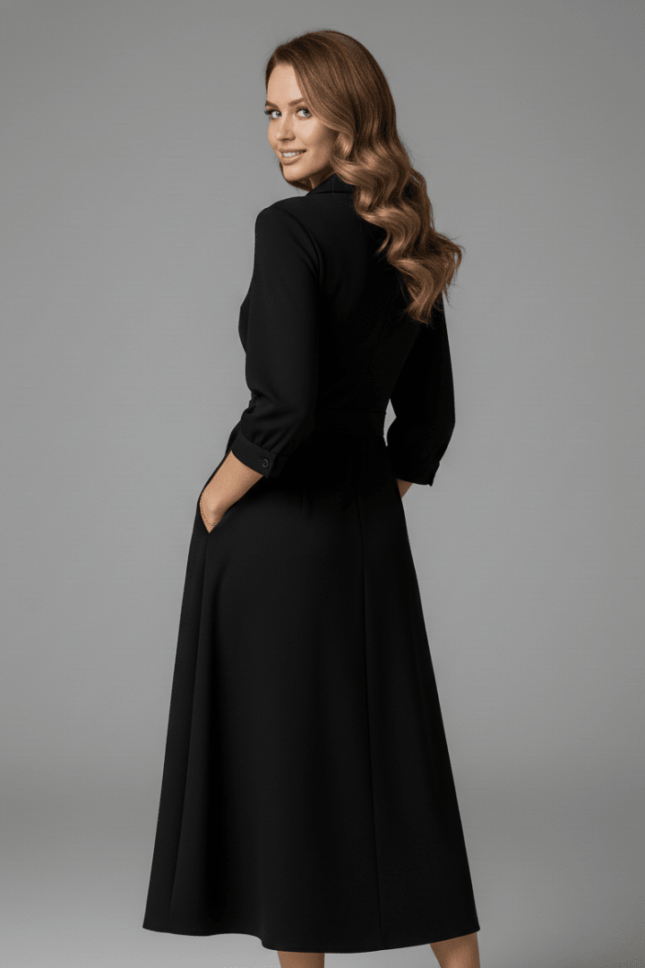 Women's elegant A-line midi dress featuring a stylish V-neck and adjustable waist, perfect for summer outings. 3