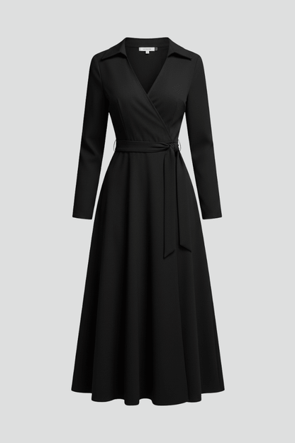 Women's elegant A-line midi dress featuring a stylish V-neck and adjustable waist, perfect for summer outings. 1