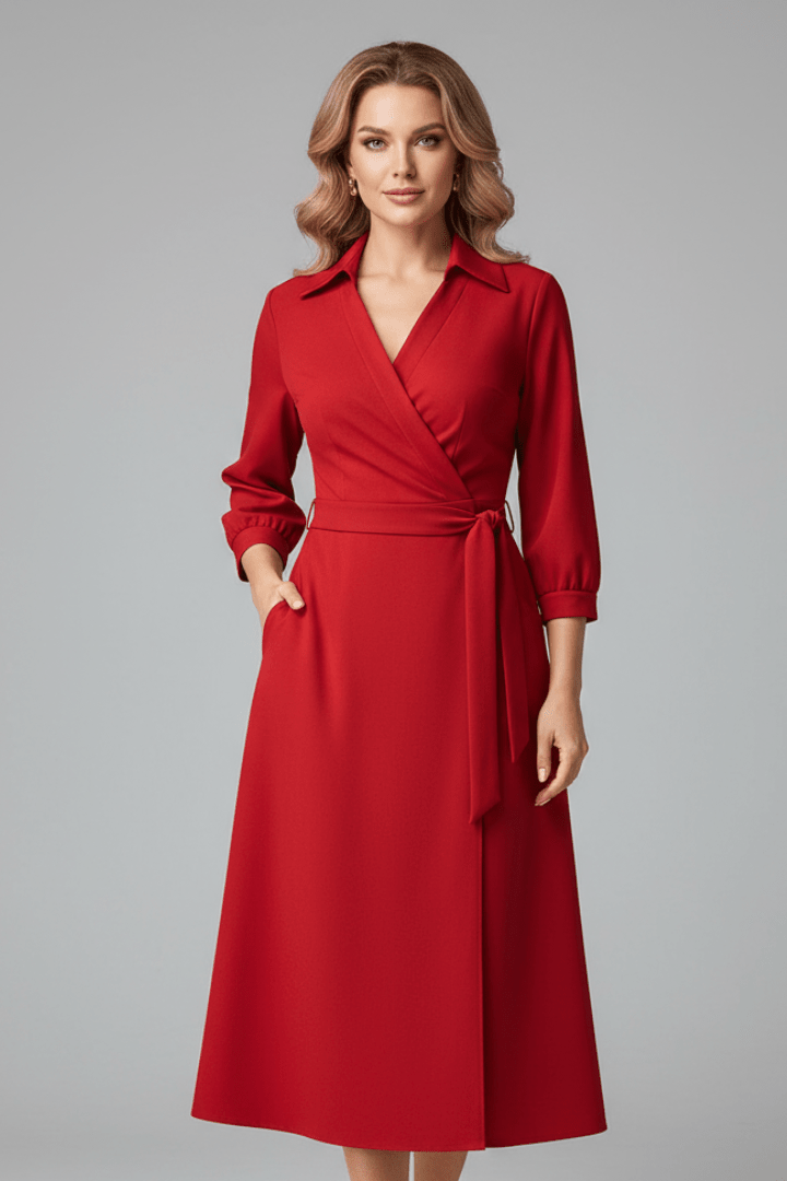 Women's elegant A-line midi dress featuring a stylish V-neck and adjustable waist, perfect for summer outings. 6