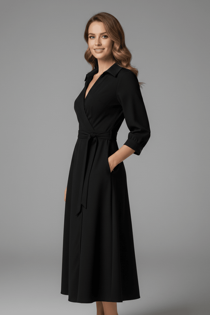 Women's elegant A-line midi dress featuring a stylish V-neck and adjustable waist, perfect for summer outings. 2