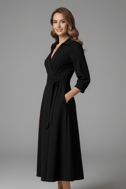 Women's elegant A-line midi dress featuring a stylish V-neck and adjustable waist, perfect for summer outings. 2
