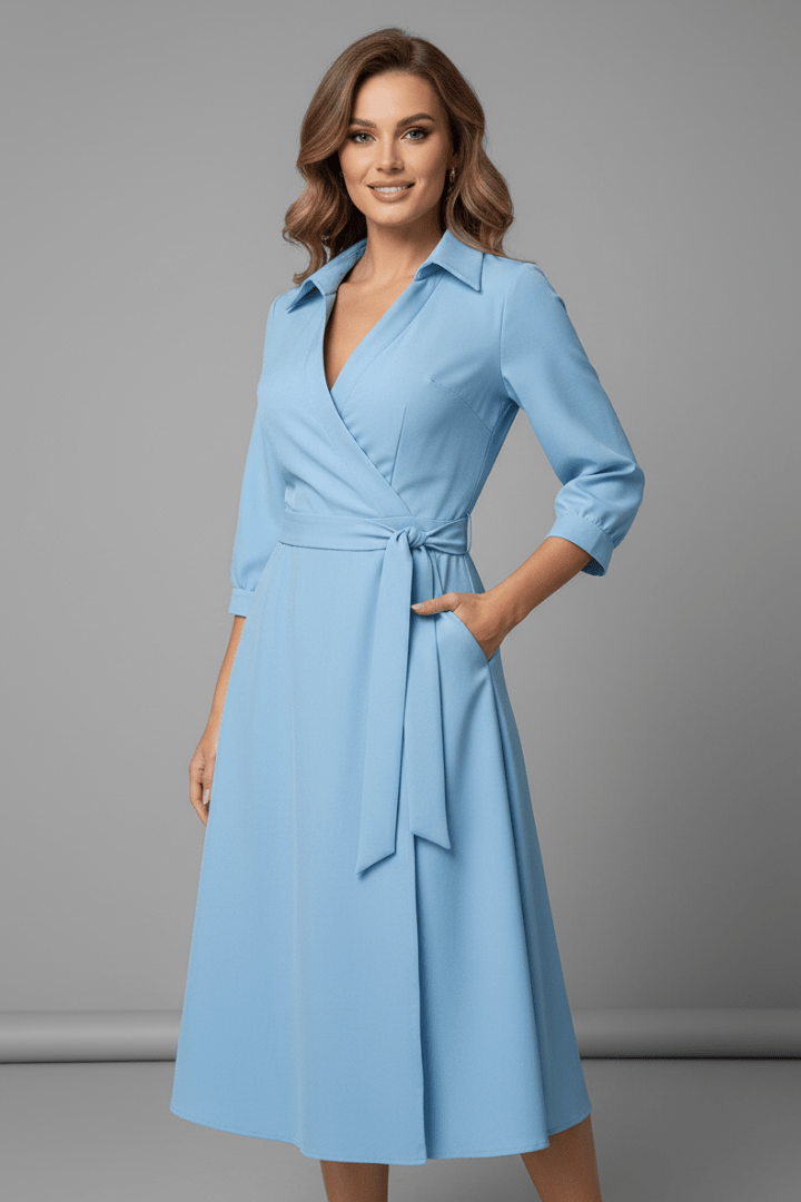 Women's elegant A-line midi dress featuring a stylish V-neck and adjustable waist, perfect for summer outings. 4