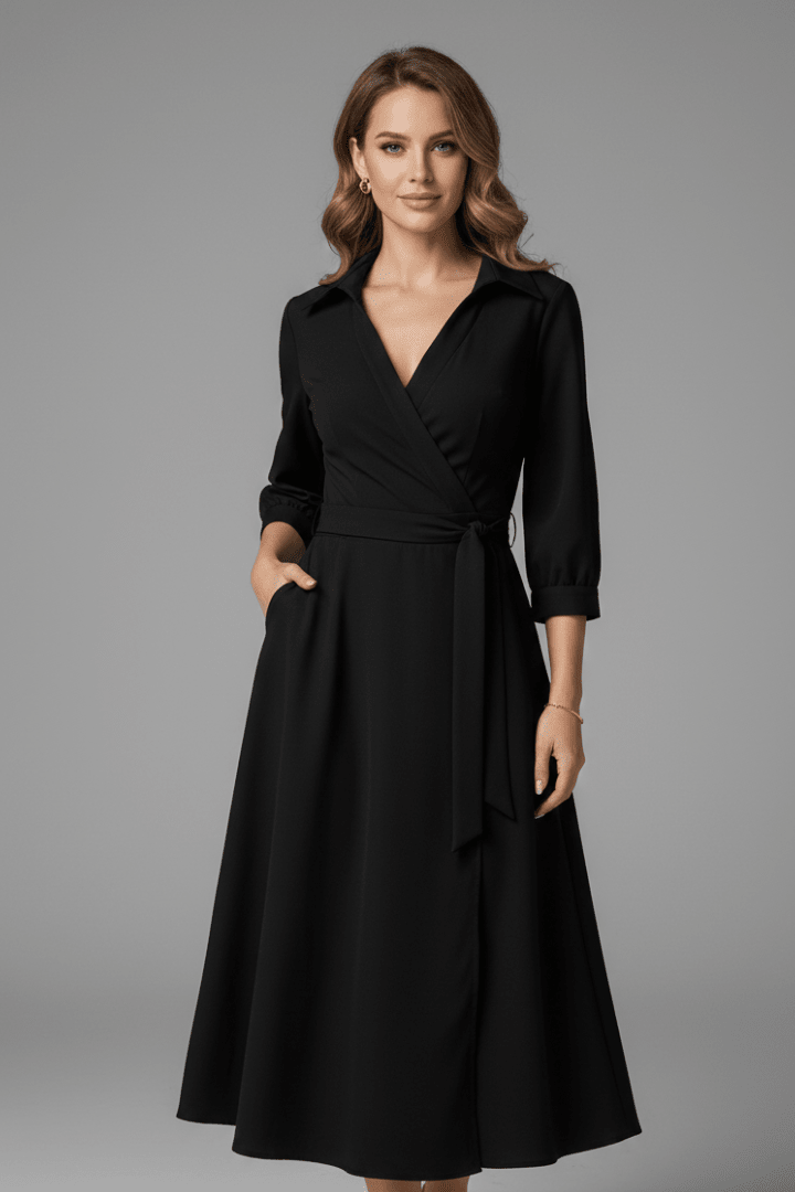 Women's elegant A-line midi dress featuring a stylish V-neck and adjustable waist, perfect for summer outings. 0