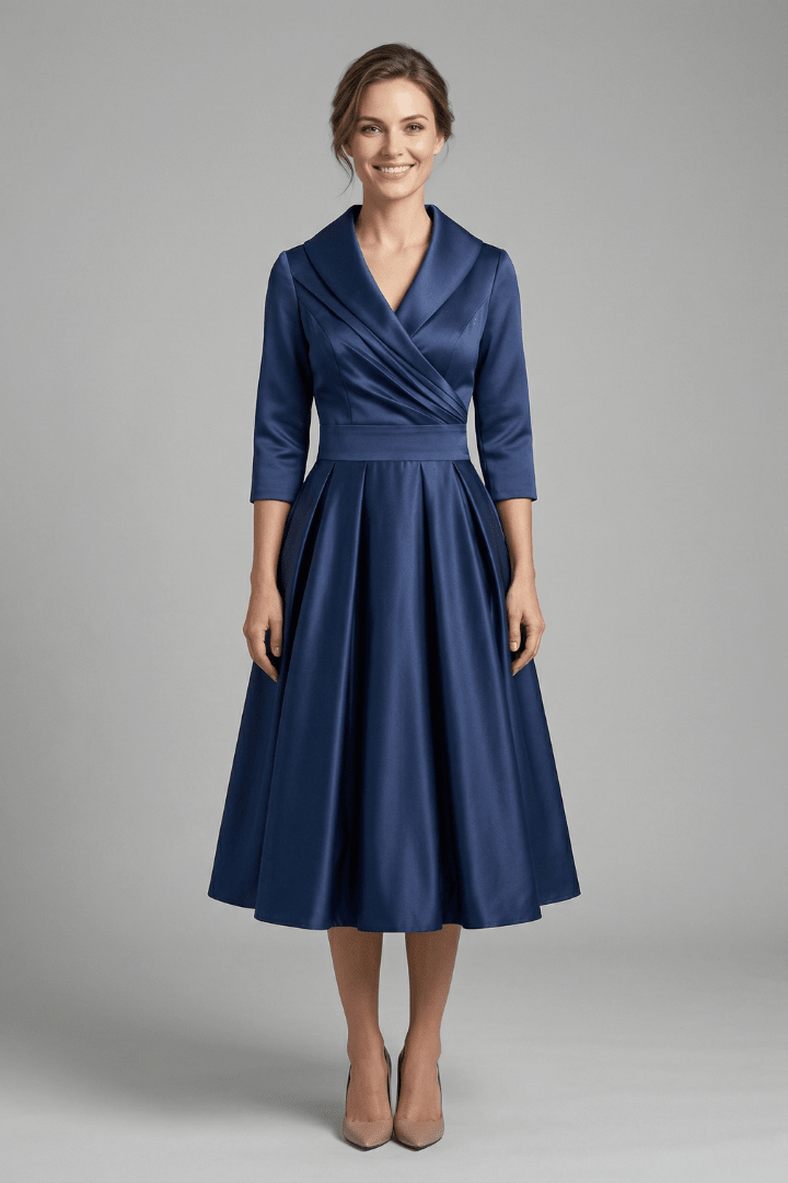 Women's Midi Dress featuring a wrap neckline and pleated skirt, designed with long sleeves for an elegant look, perfect for any occasion. 0