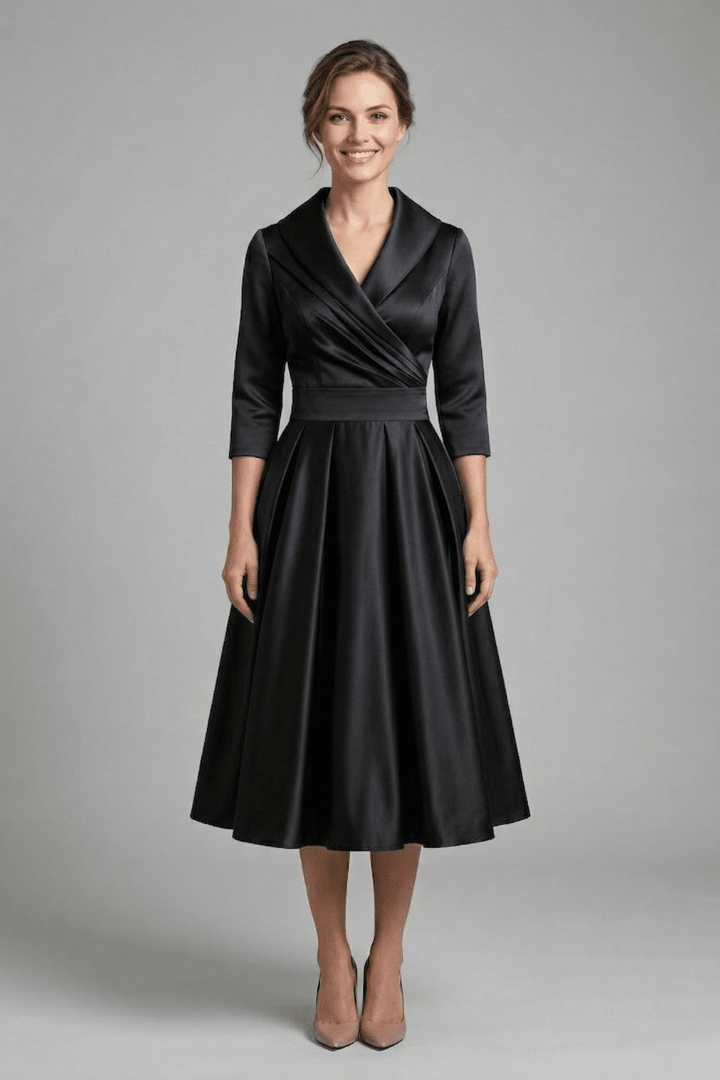 Women's Midi Dress featuring a wrap neckline and pleated skirt, designed with long sleeves for an elegant look, perfect for any occasion. 8