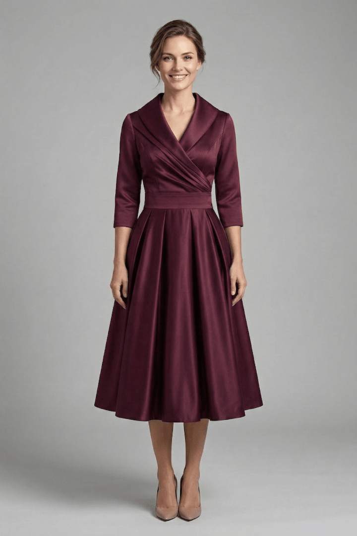 Women's Midi Dress featuring a wrap neckline and pleated skirt, designed with long sleeves for an elegant look, perfect for any occasion. 5
