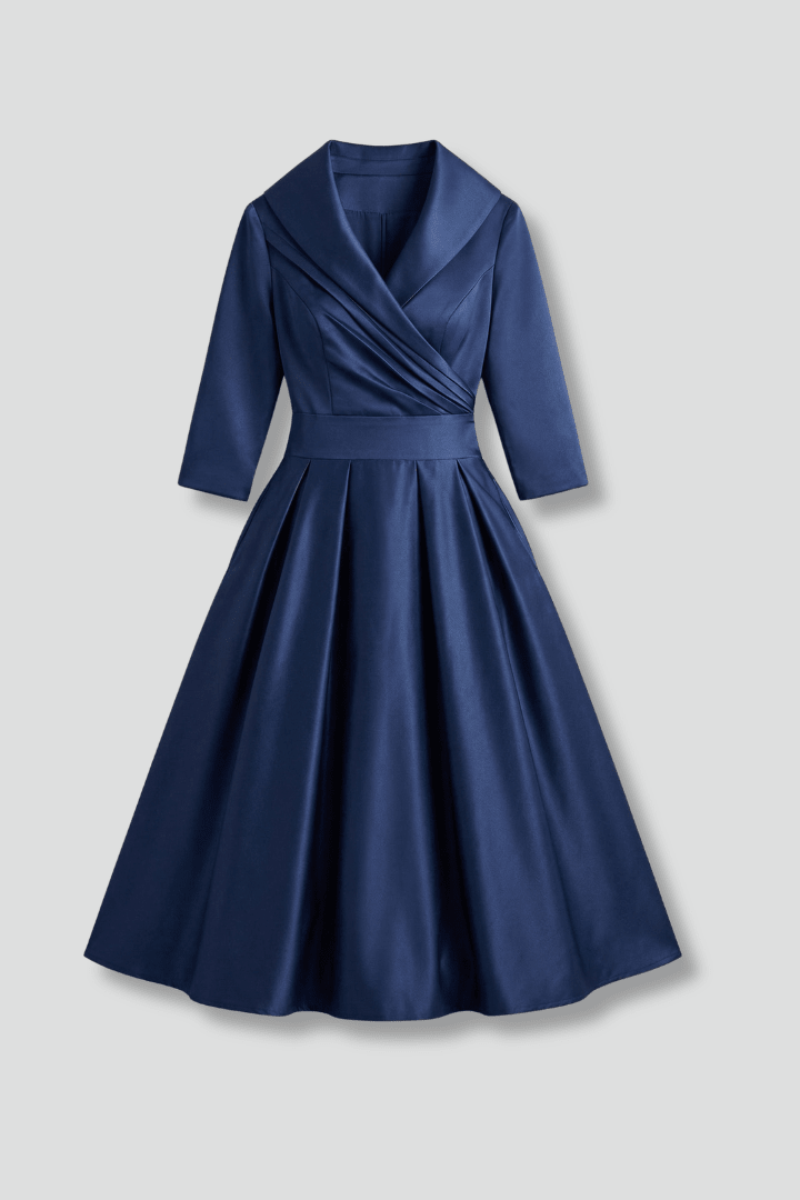 Women's Midi Dress featuring a wrap neckline and pleated skirt, designed with long sleeves for an elegant look, perfect for any occasion. 1