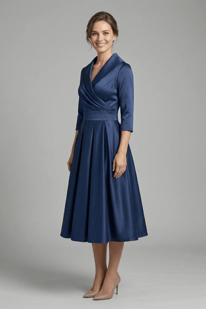 Women's Midi Dress featuring a wrap neckline and pleated skirt, designed with long sleeves for an elegant look, perfect for any occasion. 2