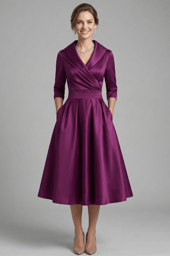 Women's Midi Dress featuring a wrap neckline and pleated skirt, designed with long sleeves for an elegant look, perfect for any occasion. 7