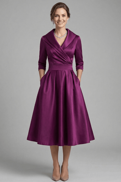 Women's Midi Dress featuring a wrap neckline and pleated skirt, designed with long sleeves for an elegant look, perfect for any occasion. 7