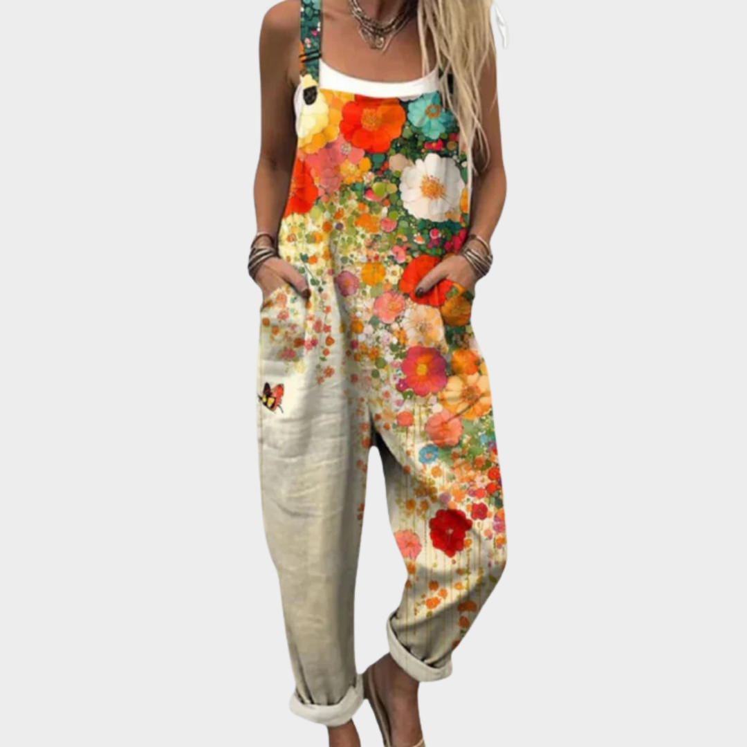 Women's overalls featuring adjustable straps and a loose fit, designed with a creative printed pattern, perfect for casual wear. 0