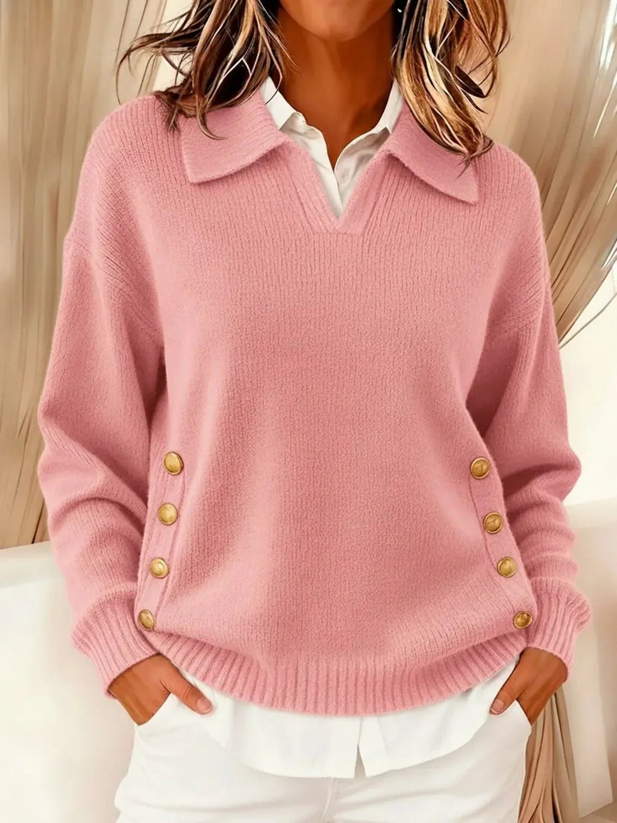 Women's oversized jumper featuring a stylish V-neck and elegant gold button detail, designed for a relaxed fit, perfect for smart casual occasions. 1