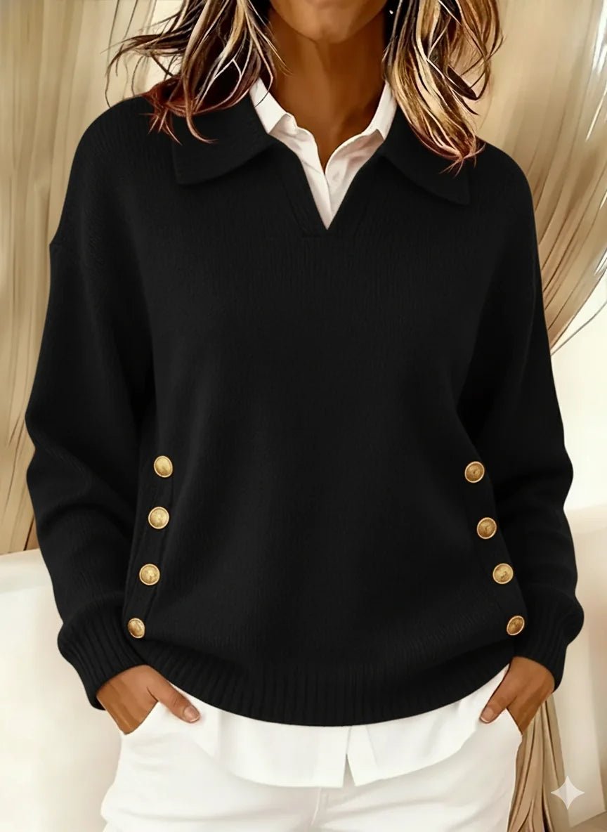 Women's oversized jumper featuring a stylish V-neck and elegant gold button detail, designed for a relaxed fit, perfect for smart casual occasions. 5