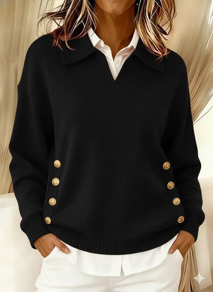 Women's oversized jumper featuring a stylish V-neck and elegant gold button detail, designed for a relaxed fit, perfect for smart casual occasions. 5