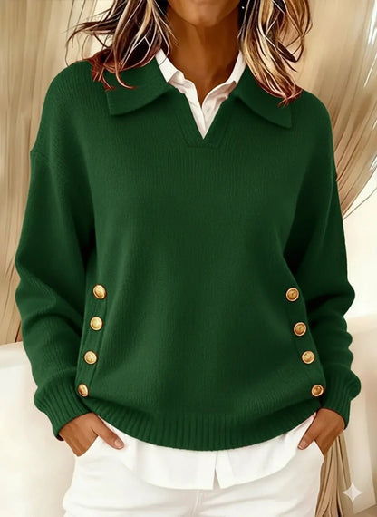 Women's oversized jumper featuring a stylish V-neck and elegant gold button detail, designed for a relaxed fit, perfect for smart casual occasions. 6