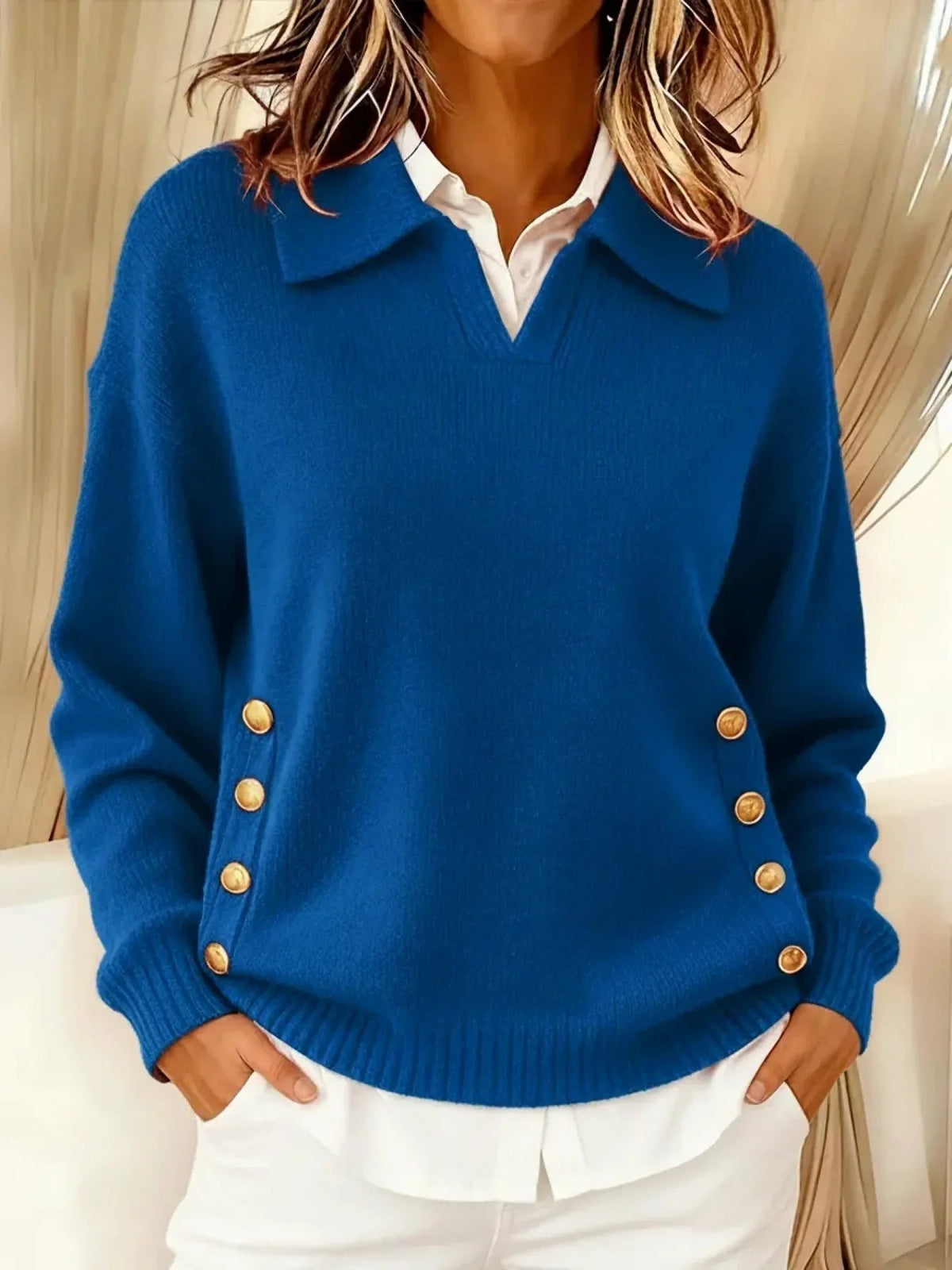 Women's oversized jumper featuring a stylish V-neck and elegant gold button detail, designed for a relaxed fit, perfect for smart casual occasions. 3