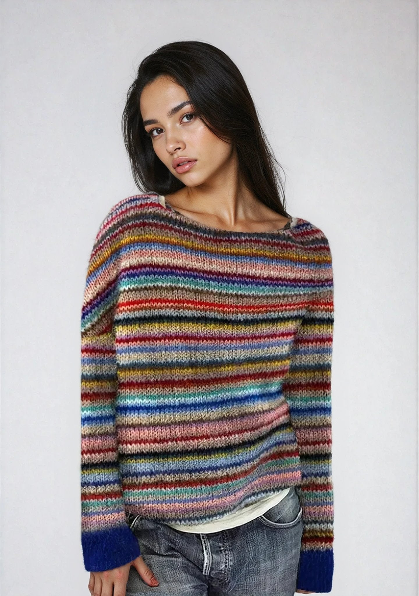 Women's oversized sweater featuring a wide boat neckline, cozy retro striped design, and soft knit fabric, perfect for casual and comfortable style. 2