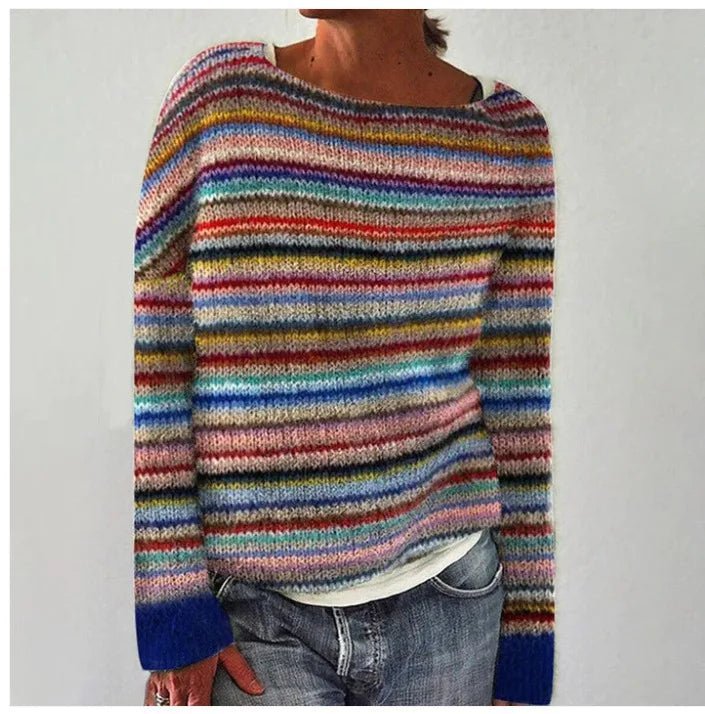 Women's oversized sweater featuring a wide boat neckline, cozy retro striped design, and soft knit fabric, perfect for casual and comfortable style. 0