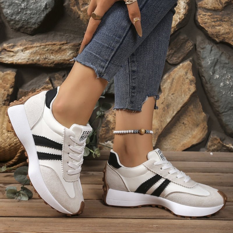 Women's platform sneakers with arch support in white, featuring a retro lace-up design and chunky sole, perfect for casual wear and all-day comfort. 7