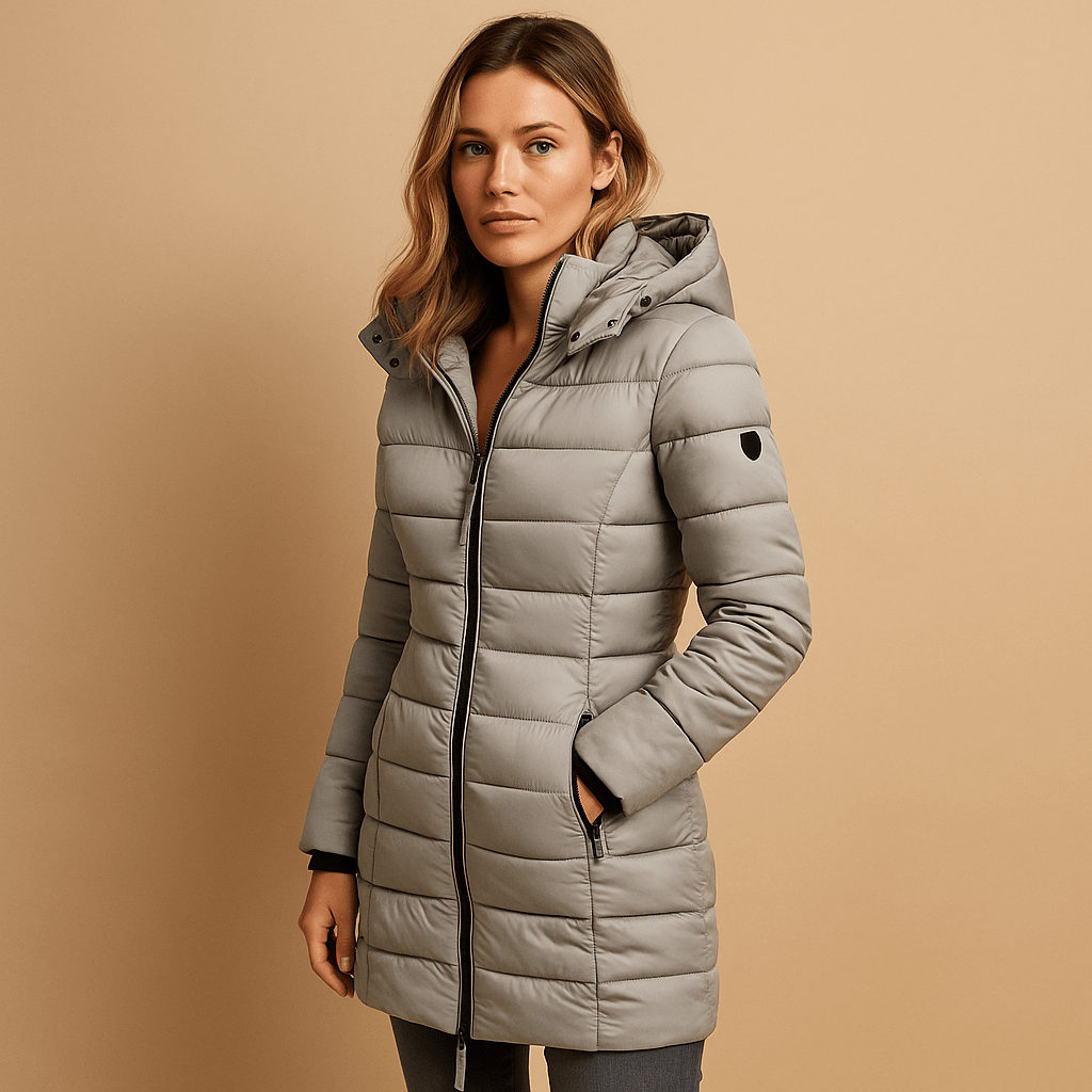 Women's lightweight puffer jacket featuring down insulation, a stylish quilted design, and perfect for casual winter wear. 1