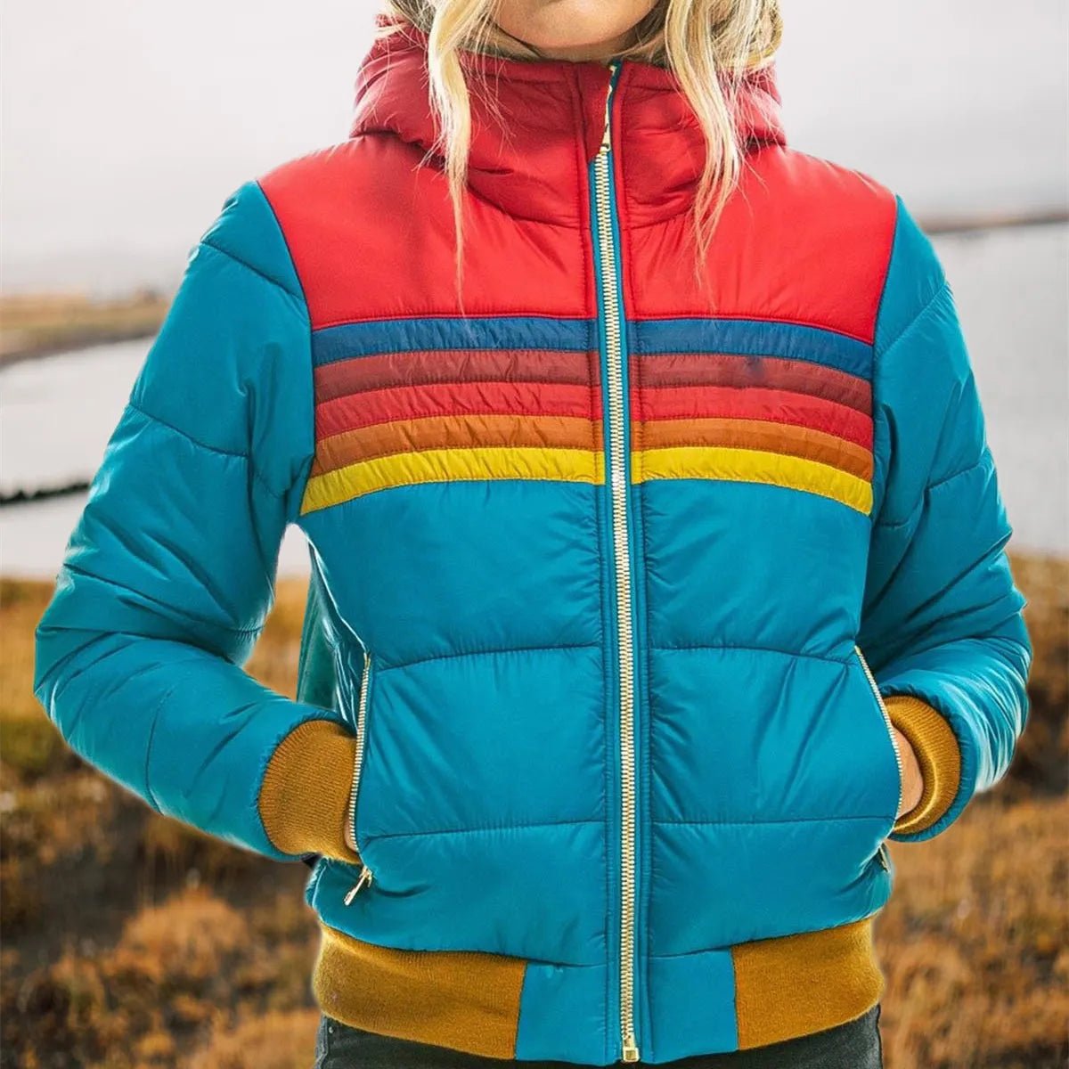 Women's puffer jacket featuring insulated warmth and a cozy hood, designed with a retro stripe pattern, perfect for autumn and winter wear. 6