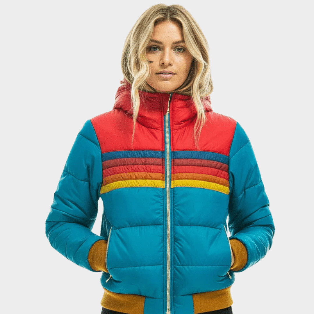 Women's puffer jacket featuring insulated warmth and a cozy hood, designed with a retro stripe pattern, perfect for autumn and winter wear. 5