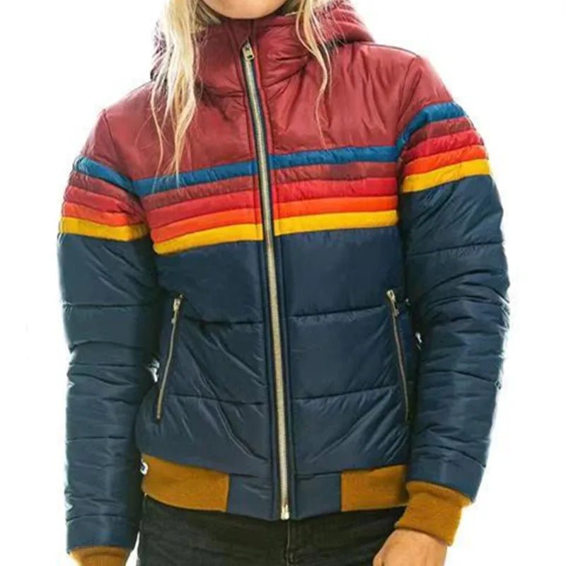 Women's puffer jacket featuring insulated warmth and a cozy hood, designed with a retro stripe pattern, perfect for autumn and winter wear. 1