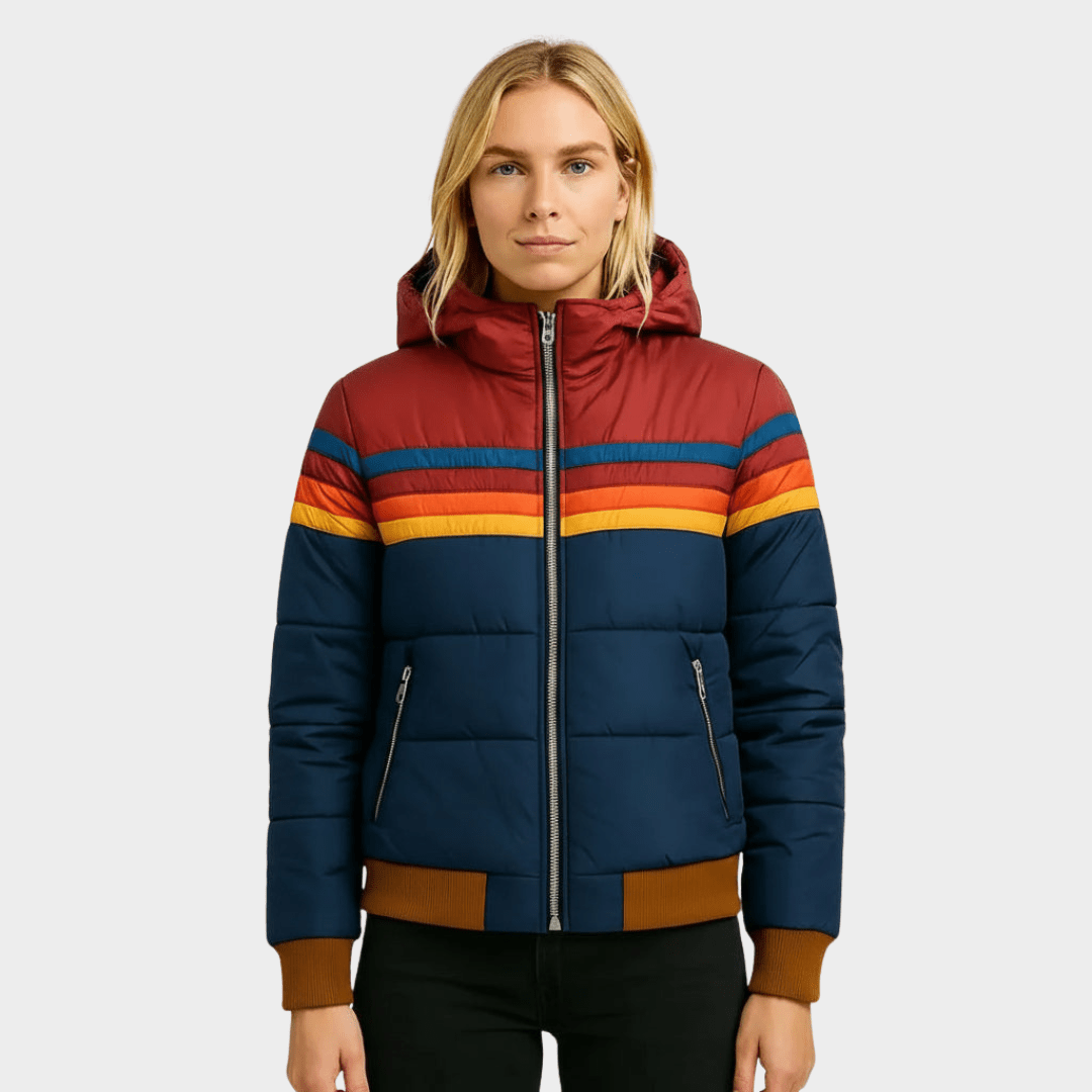 Women's puffer jacket featuring insulated warmth and a cozy hood, designed with a retro stripe pattern, perfect for autumn and winter wear. 0