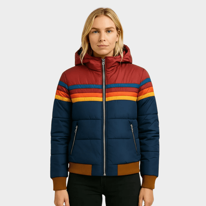 Women's puffer jacket featuring insulated warmth and a cozy hood, designed with a retro stripe pattern, perfect for autumn and winter wear. 0
