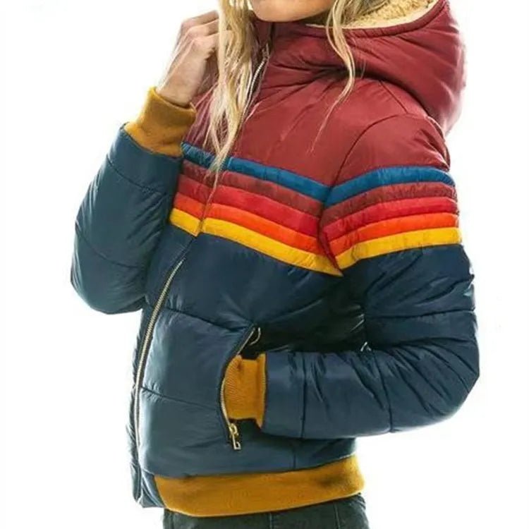 Women's puffer jacket featuring insulated warmth and a cozy hood, designed with a retro stripe pattern, perfect for autumn and winter wear. 2