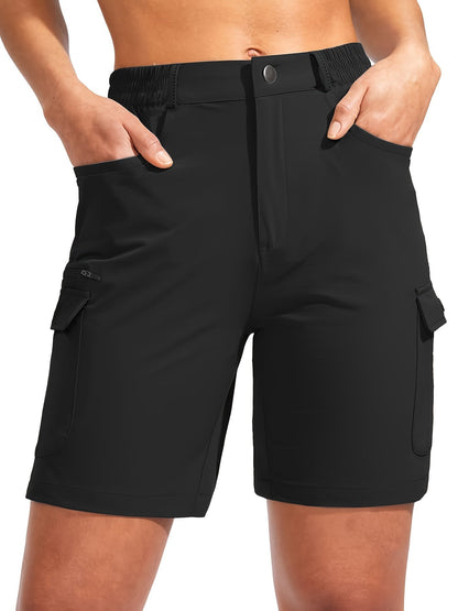 Women's quick-dry cargo shorts designed for hiking, featuring lightweight stretch fabric and seven functional pockets for convenience and comfort in outdoor activities. 2