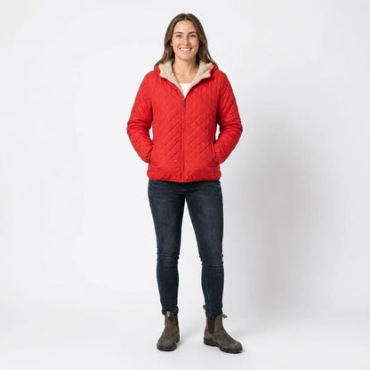 Women's quilted jacket featuring a fleece-lined hood and zip-up closure, designed for warmth and style, perfect for winter wear. 8