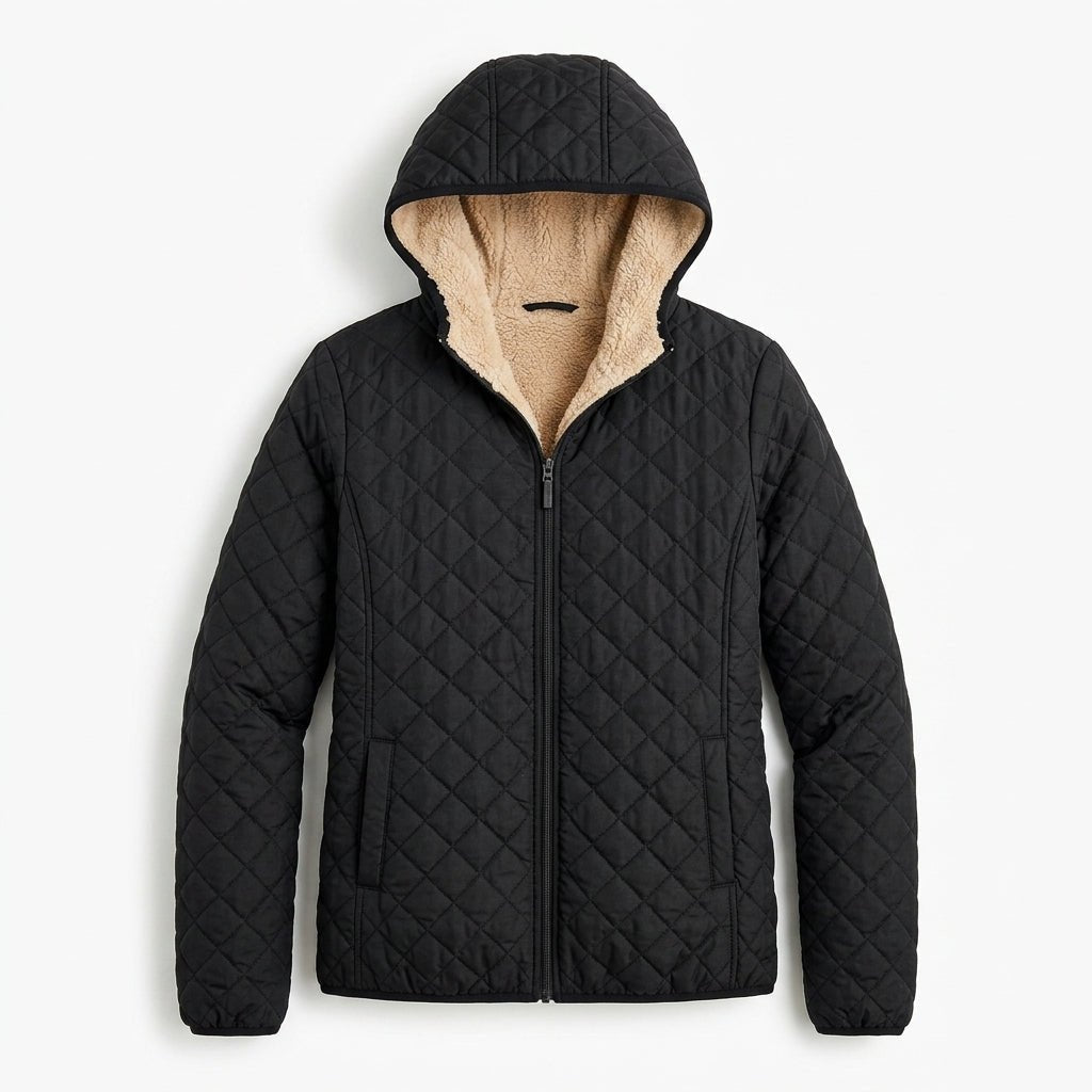 Women's quilted jacket featuring a fleece-lined hood and zip-up closure, designed for warmth and style, perfect for winter wear. 1