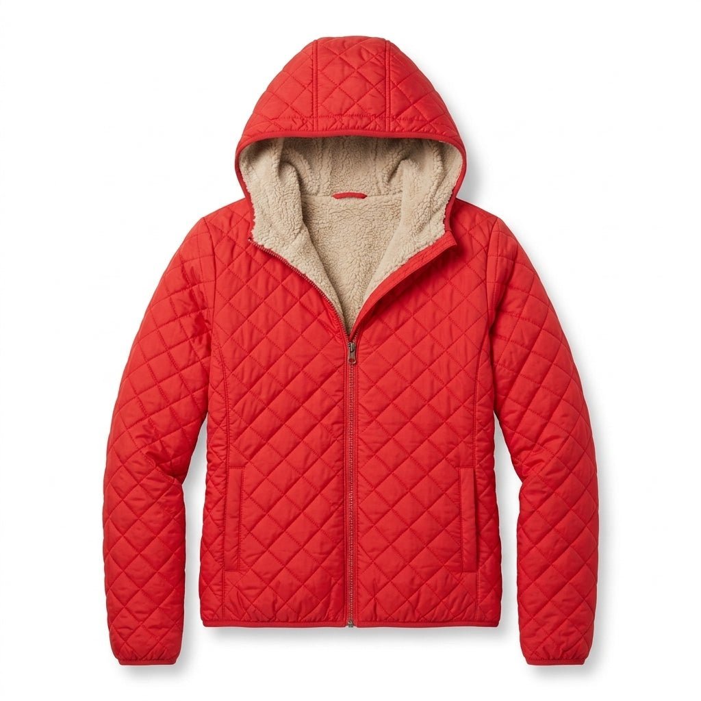 Women's quilted jacket featuring a fleece-lined hood and zip-up closure, designed for warmth and style, perfect for winter wear. 5