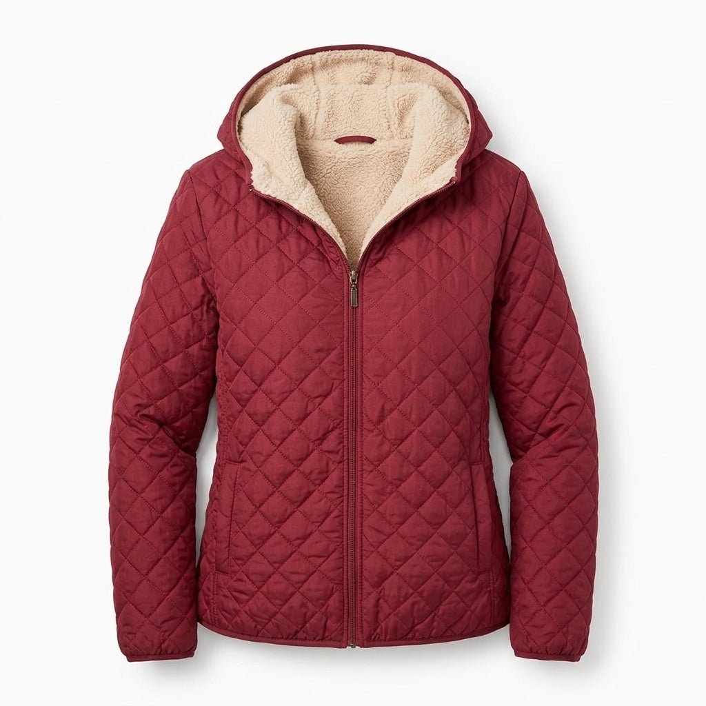 Women's quilted jacket featuring a fleece-lined hood and zip-up closure, designed for warmth and style, perfect for winter wear. 3