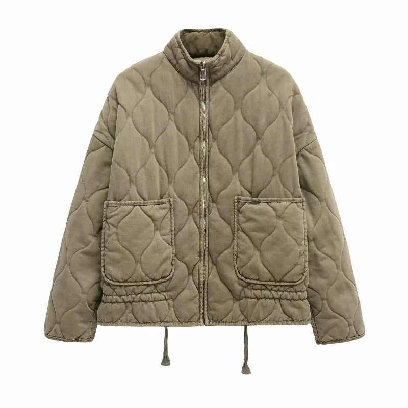 Women's vintage cotton quilted jacket featuring a high collar and practical pockets, perfect for winter warmth and style. 6