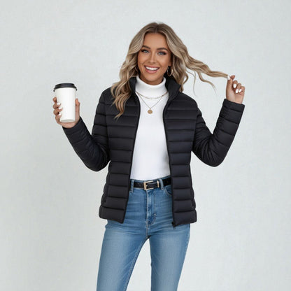Women's lightweight quilted jacket in a slim fit, featuring a stylish neutral tone, perfect for casual outings and versatile layering. 4