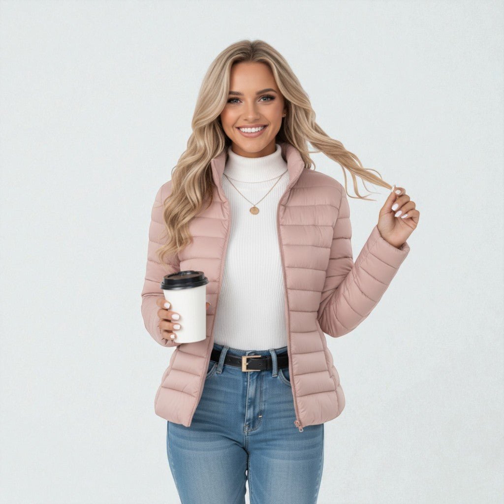 Women's lightweight quilted jacket in a slim fit, featuring a stylish neutral tone, perfect for casual outings and versatile layering. 5