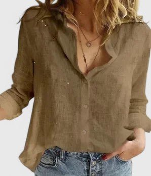 Women's relaxed fit button-down shirt featuring a classic collar, crafted from versatile soft fabric, available in multiple colors for effortless style and comfort. 11