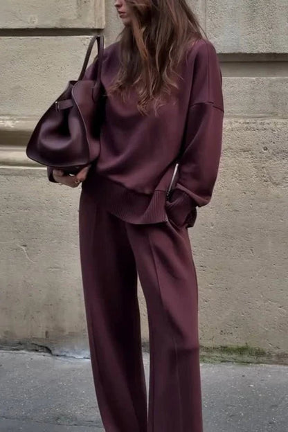 Women's relaxed wide leg co-ord set featuring an oversized top made from a soft fabric blend, perfect for casual outings and comfortable wear. 0