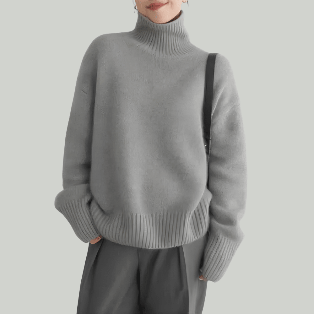 Women's ribbed knit turtleneck sweater, cozy pullover design available in multiple colors, perfect for stylish layering in colder weather. 2