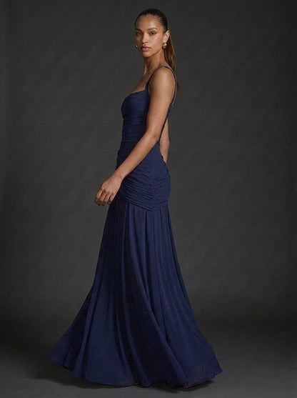 Women's elegant ruched maxi dress featuring a square neckline, perfect for wedding guests, showcasing a flattering silhouette and sophisticated design. 5