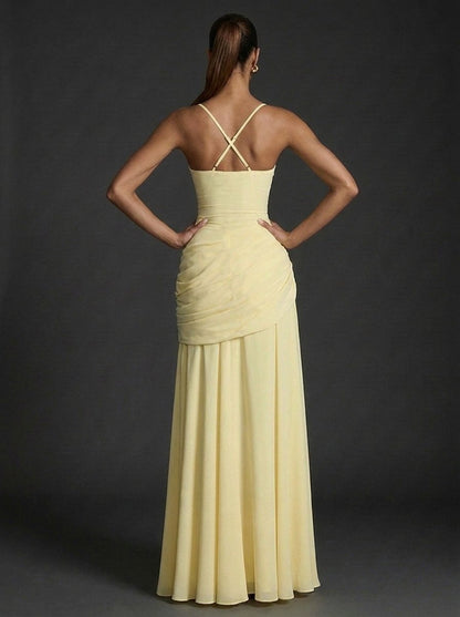 Women's elegant ruched maxi dress featuring a square neckline, perfect for wedding guests, showcasing a flattering silhouette and sophisticated design. 3