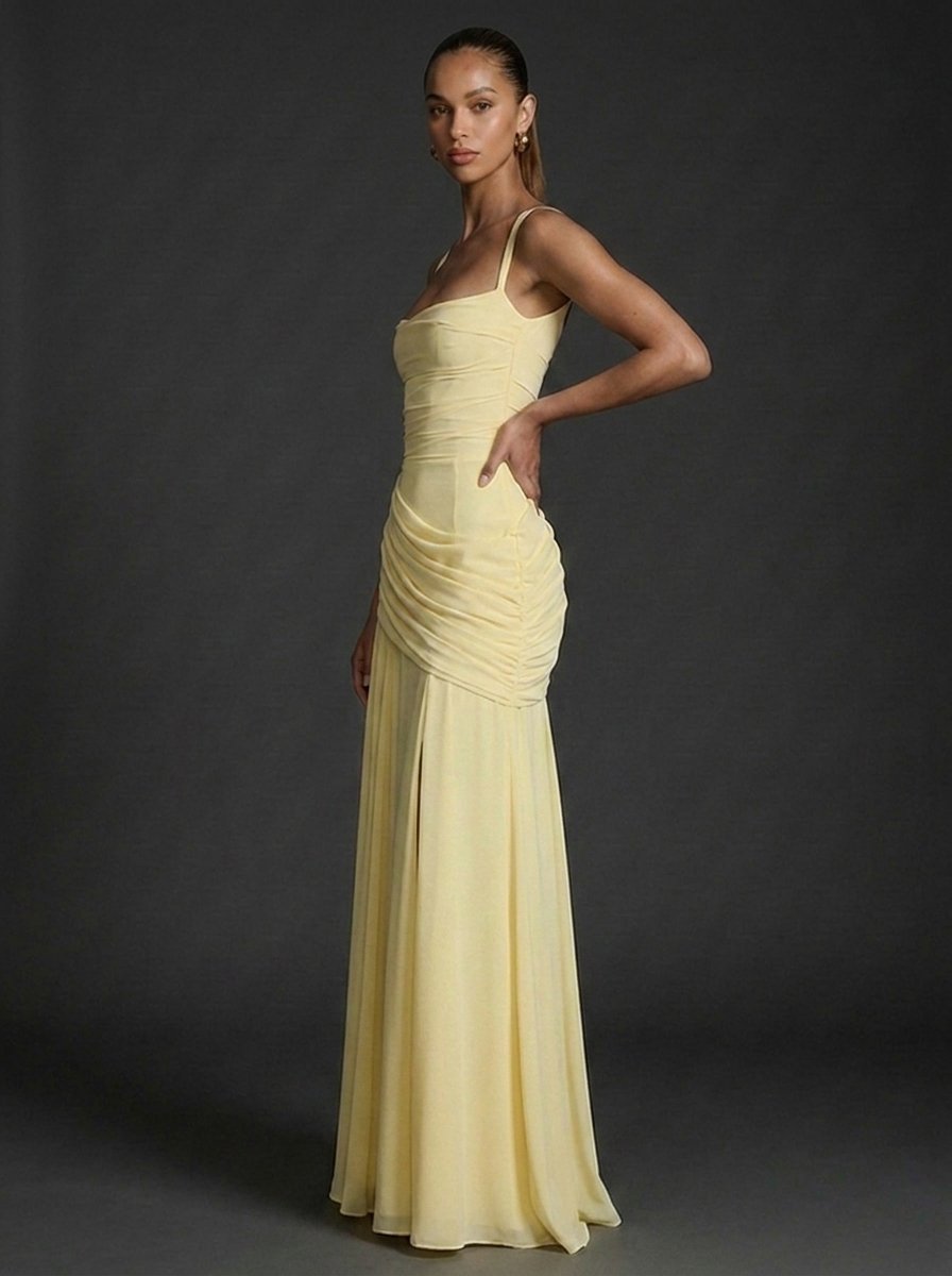 Women's elegant ruched maxi dress featuring a square neckline, perfect for wedding guests, showcasing a flattering silhouette and sophisticated design. 2
