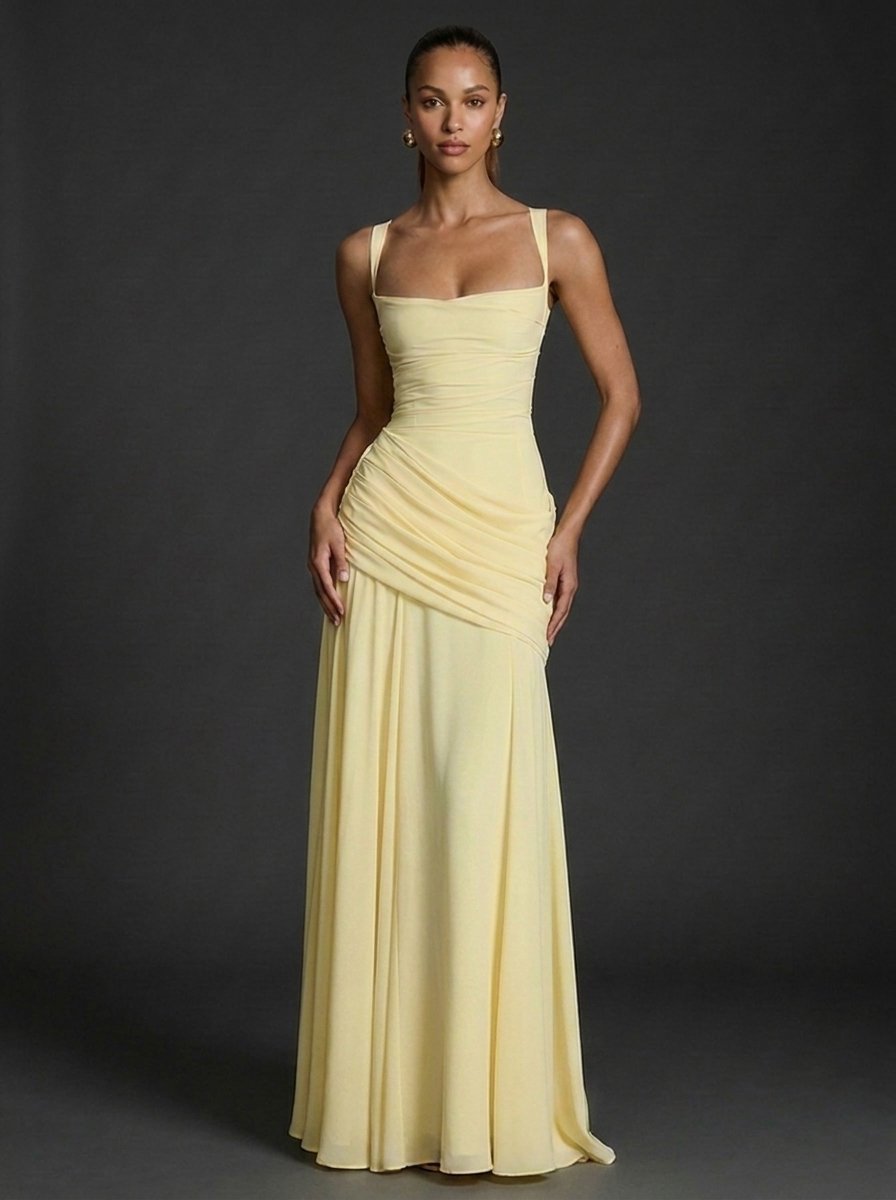 Women's elegant ruched maxi dress featuring a square neckline, perfect for wedding guests, showcasing a flattering silhouette and sophisticated design. 0