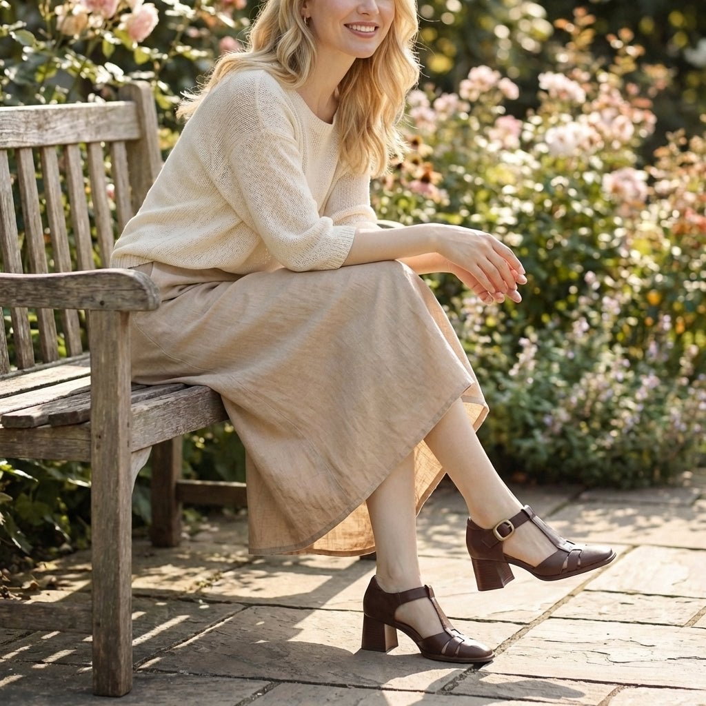 Women's sandals featuring a chunky heel and stylish T-strap design, perfect for comfortable summer footwear. 1