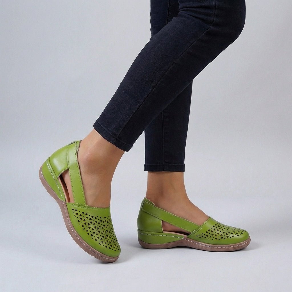 Women's sandals featuring a scalloped cut-out design, designed for summer comfort with breathable materials and orthopedic support, perfect for slip-on wear. 2