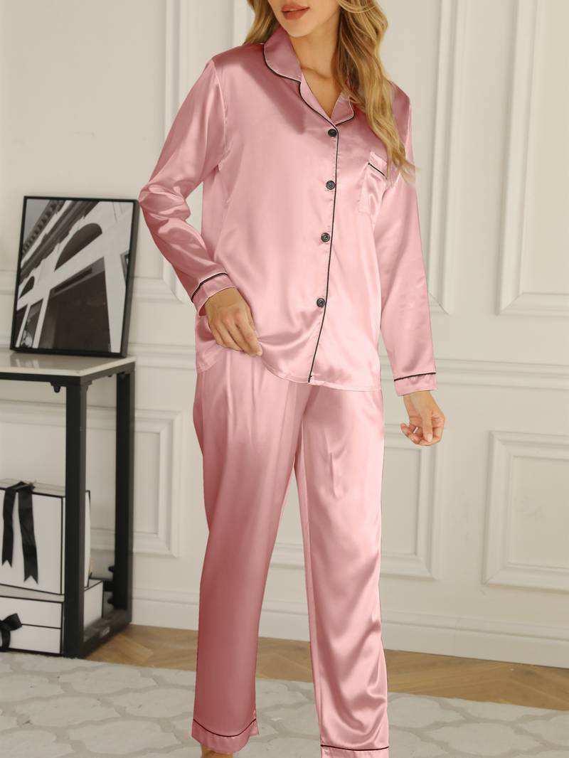 Women's satin pajama set featuring a button-up blouse and long trousers, designed for elegant sleepwear and year-round comfort. 2