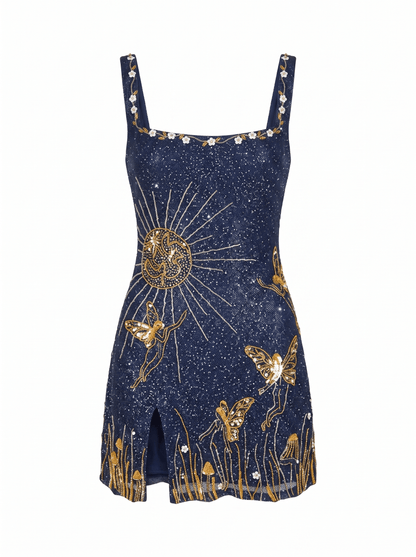 Women's sequin mini dress in midnight blue featuring a square neckline and stylish side split, perfect for cocktail events and evening parties. 3