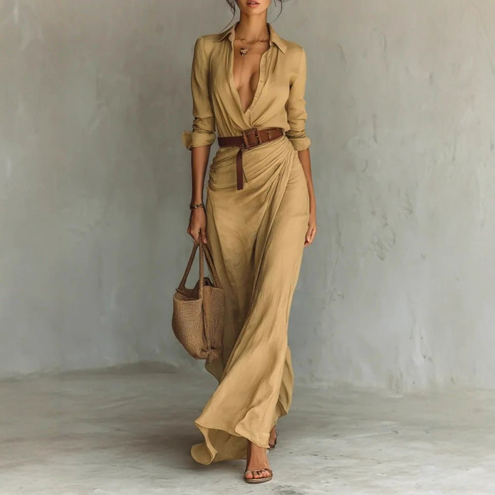 Elegant women's shirt dress in black featuring a waist belt and irregular hem, designed with long sleeves for a stylish and versatile look. 3